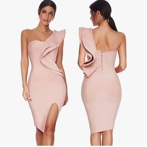 Pink Bandage Dress With Ruffle and Front Split